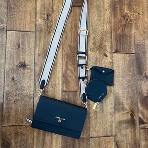 Anne Klein Black and Cream Crossbody wallet with card holder and small pouch.